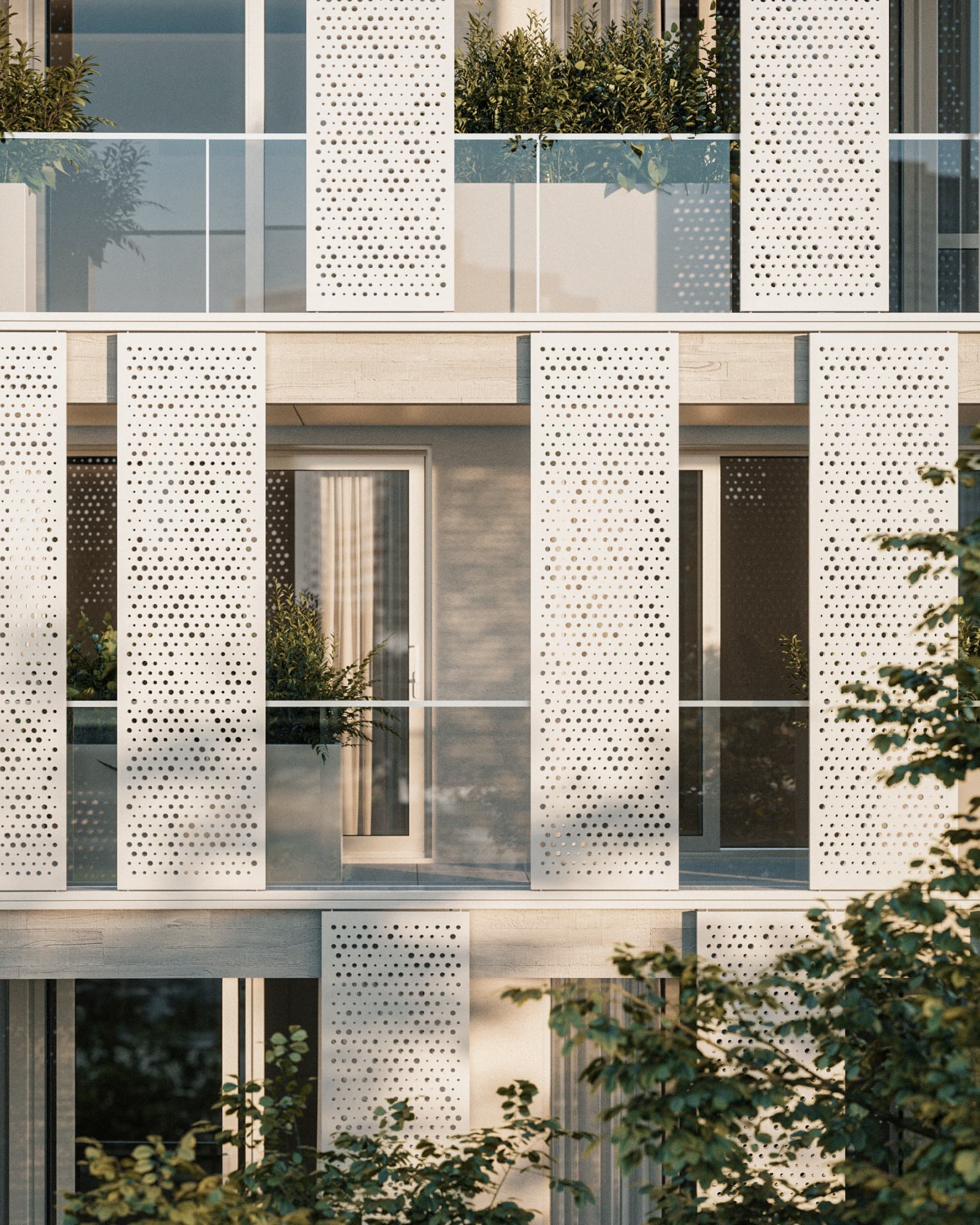 Residential facade with perforated architectural screens and landscaped balconies