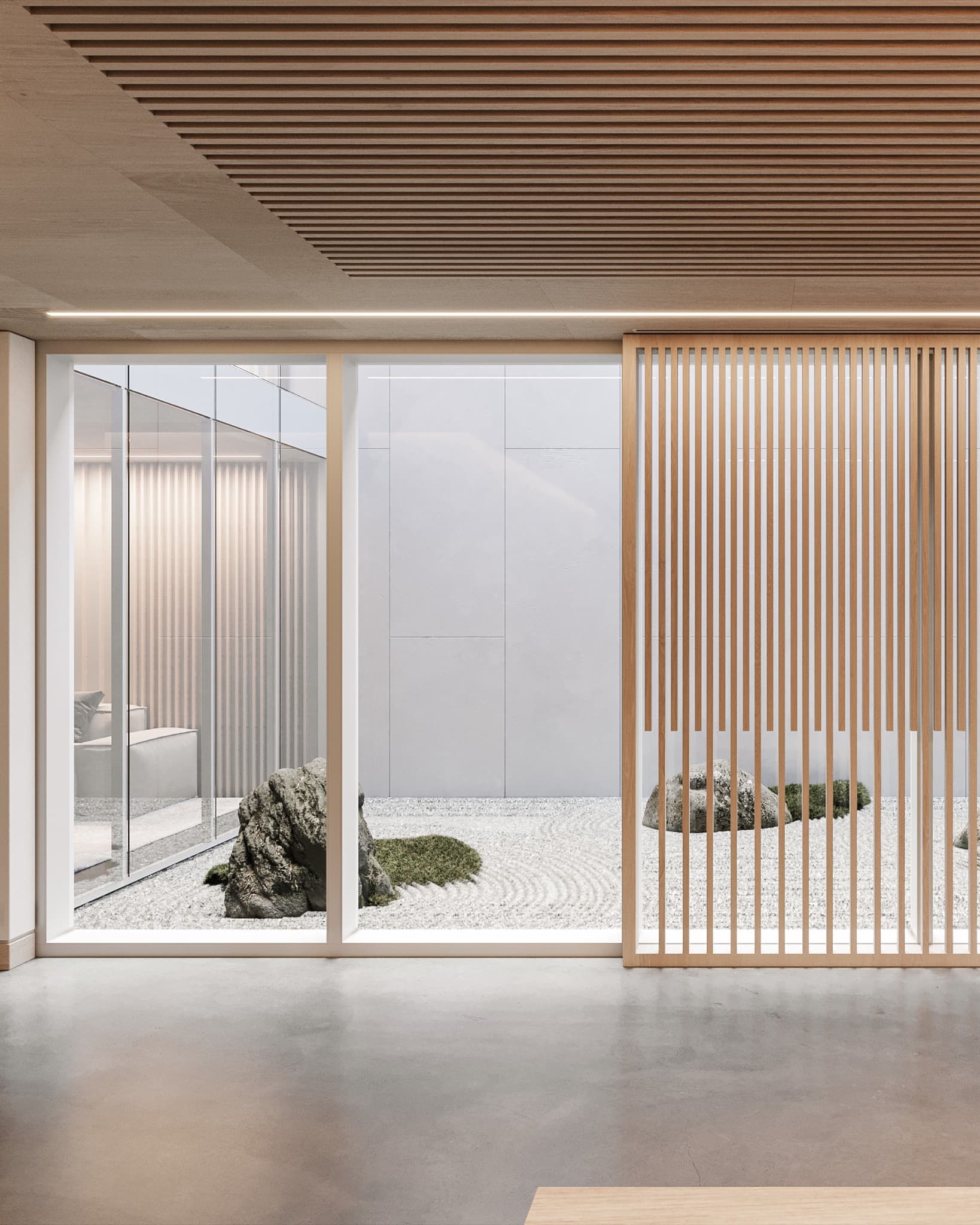 Contemporary interior overlooking a serene landscaped courtyard